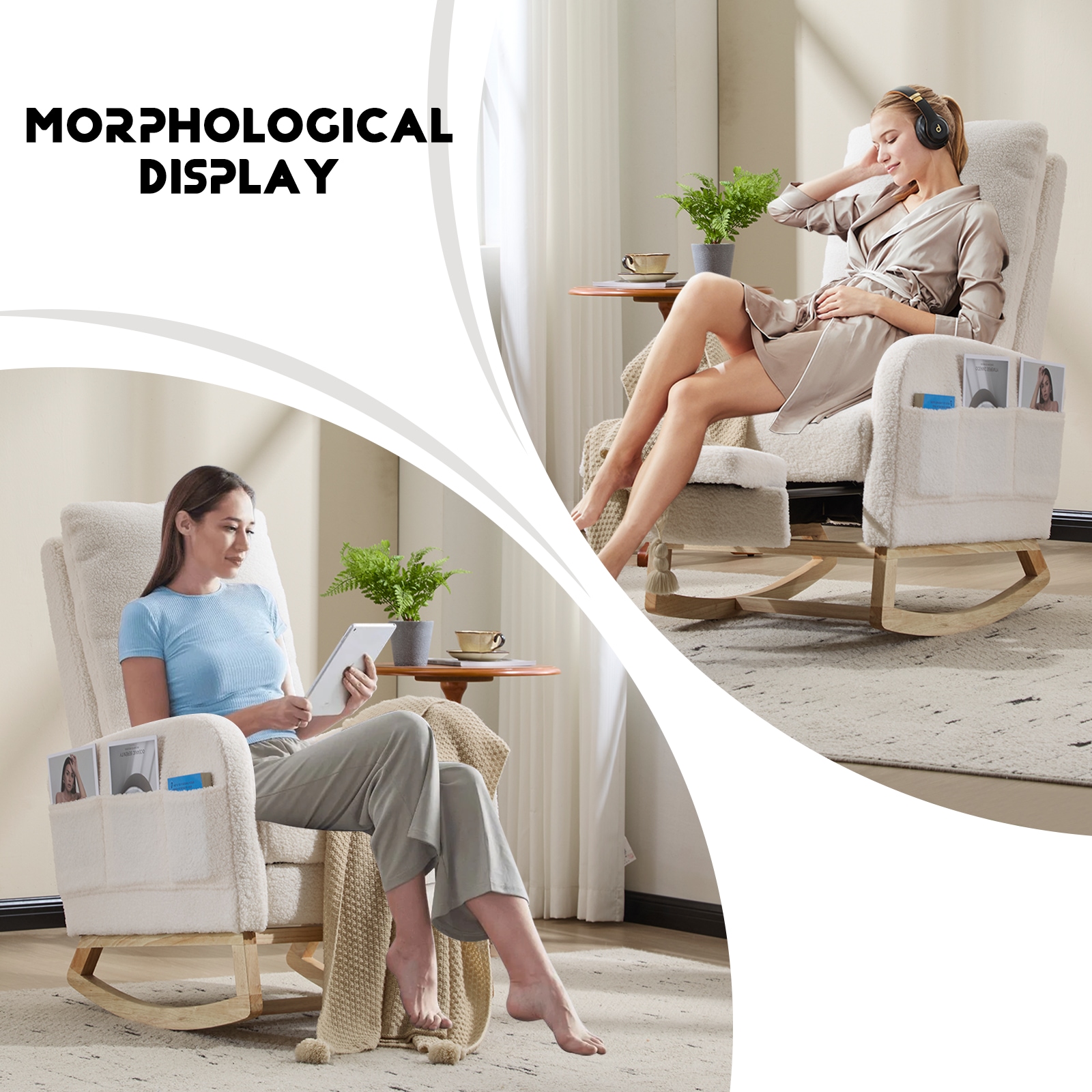 Modern Accent Rocking Chair Rocking Chair With Solid Wood Legs, Upholstered Nursery Glider Rocker, Comfy Armchair With Side Pocket, Living Room Lounge Arm Chair With High Backrest (White,teddy)_voghion.com